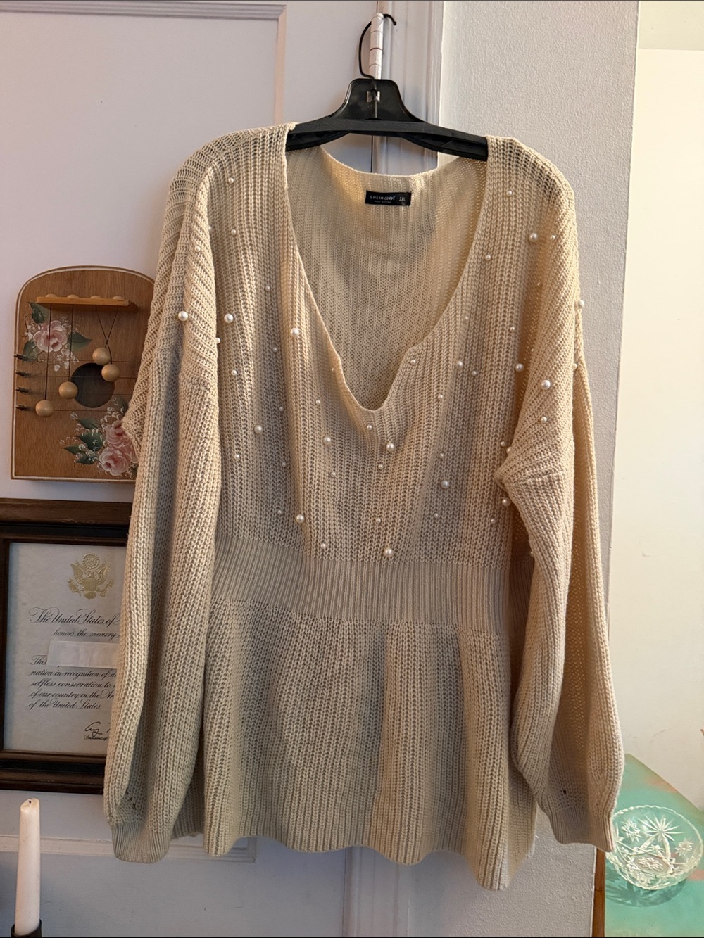 SHEIN Cream Pearl-Embellished V-Neck Sweater